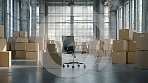 Empty Office Space with Cardboard Boxes and Office Chair