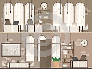 Empty Office Space Interior Modern Workplace Space Flat Vector Illustration