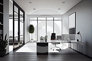 empty office space with minimalist design, featuring sleek furniture and modern decor