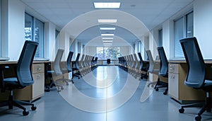 Empty Office Space with Rows of Chairs and Desks