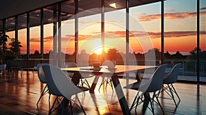 Empty Office with a table and chairs, well as Sunset-Filled Window. generative AI