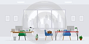 Empty office work place front view vector. Cartoon table, desk, chair, computer, building, desktop, lamp isolated on cityscape