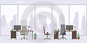 Empty office work place front view vector. Flat style table, desk, computer, desktop, big window isolated on cityscape background