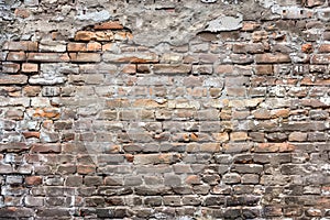 empty old brick wall background with copy space deteriorating old brick wall