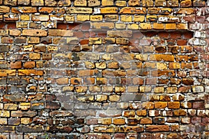 empty old brick wall background with copy space deteriorating old brick wall