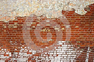 Empty Old Brick Wall Texture. Painted Distressed Wall Surface. Grunge Red Stonewall Background. Shabby Building Facade With Damage