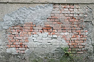 Empty Old Brick Wall Texture. Painted Distressed Wall Surface. Grungy Wide Brickwall.