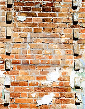 Empty Old Brick Wall Texture. Painted Distressed Wall Surface. Grungy Wide Brickwall.