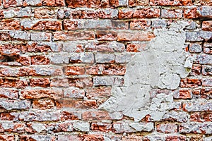 Empty Old Brick Wall Texture. Painted Distressed Wall Surface. Grungy Wide Brickwall. Grunge Red Stonewall Background.