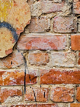 Empty Old Brick Wall Texture. Painted Distressed Wall Surface. Grungy Wide Brickwall. Grunge Red Stonewall Background. Shabby