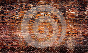 Empty Old Brick Wall Texture. Painted Distressed Wall Surface. Grungy Wide Brickwall. Grunge Red Stonewall Background. Shabby