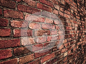 Empty Old Brick Wall Texture. Painted Distressed Wall Surface. Grungy Wide Brickwall. Grunge Red Stonewall Background. Shabby