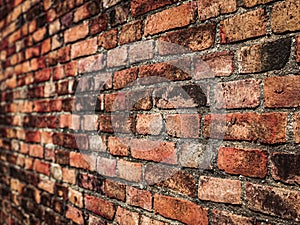 Empty Old Brick Wall Texture. Painted Distressed Wall Surface. Grungy Wide Brickwall. Grunge Red Stonewall Background. Shabby