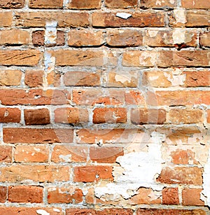 Empty Old Brick Wall Texture. Painted Distressed Wall Surface. Grungy Wide Brickwall.