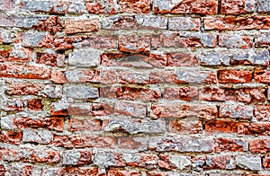 Empty Old Brick Wall Texture. Painted Distressed Wall Surface. Grungy Wide Brickwall. Grunge Red Stonewall Background.