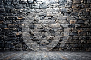 Empty old dark cement or stone wall texture backgrounds.Black stone background. Frontal view. Free copy space photo