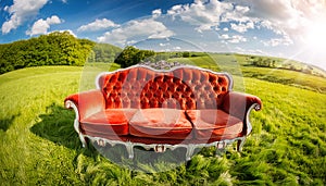 Empty Old Elegant Red Sofa on a Green Meadow in a Countryside Landscape - Generative Ai