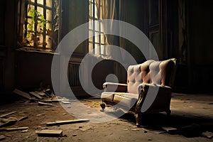 Empty old fashioned armchair sits in spooky abandoned room generated by AI