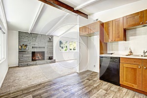 Empty old house interior. Kitchen and living room