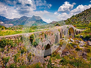 Empty Old Mes Bridge. Stunning summer landscape of Shkoder