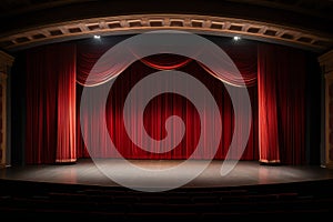 Empty old opera gala theater stage and red velvet curtains