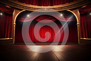 Empty old opera gala theater stage and red velvet curtains