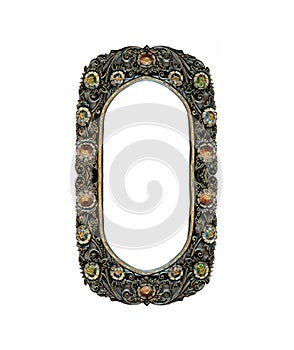 Empty Old Oval Metal Frame decorated with Colorful Jewelry for input Photo or Text Isolated on White Background, Vintage Style Int