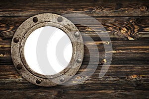 Empty Old Porthole Window on Wooden Background