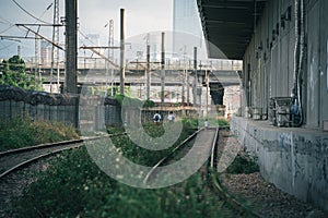 Empty old railroads under a bridge surrounded by transmission towers