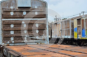 Empty old rust iron floor of rail freight trains