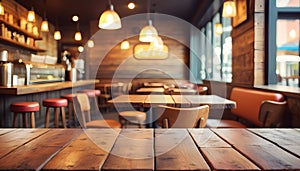 Empty old wood table top and blurred bokeh cafe and coffee shop interior background