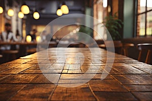 Empty old wood table top and blurred bokeh cafe and coffee shop interior background with vintage filter - can used for display or