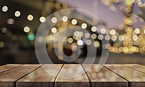 Empty old wood table top with bokeh coffee shop interior background, 3D Rendering