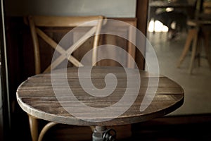 Empty old wood table top with bokeh coffee shop interior background, 3D Rendering