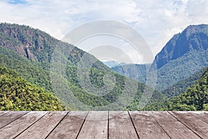 Empty old wooden balcony terrace on viewpoint high tropical mountain of rainforest