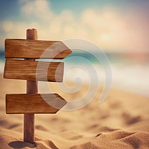 Empty old wooden sign on a beach, sunset background.