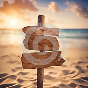 Empty old wooden sign on a beach, sunset background.