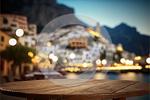 Empty old wooden table with Atrani town at famous amalfi coast