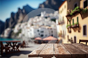 Empty old wooden table with Atrani town at famous amalfi coast