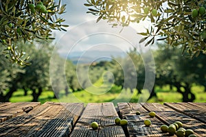 Empty old wooden table for product display with natural green olive field and green olives