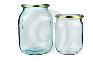 Empty one and half litre glass jars with tin lids photo