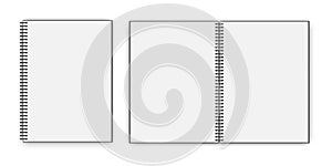 Empty open book. Closed white notebook. Layout booklet with a spiral. Vector image. Stock Photo