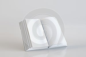 Empty open book on grey background. Document and page concept. 3D Rendering