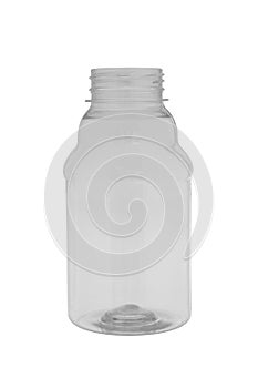 Empty open bottle with a wide neck made of transparent plastic, insulated on a white background
