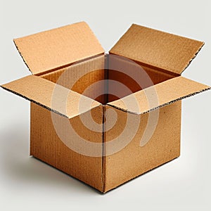 An empty open brown cardboard box on a light background.