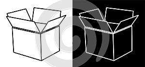 Empty open cardboard box. Delivery and transportation of goods from shops. Icon for the website. Black and white vector