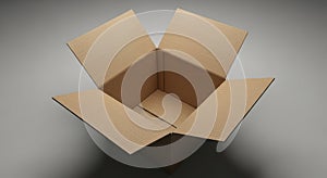 Open cardboard box ready for shipping or storage with brown kraft paper texture and folded flaps