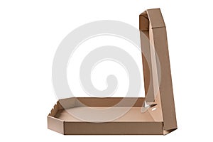 Empty open cardboard box for pizza, side view, on a white background