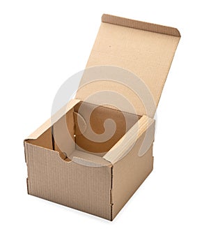 Empty open cardboard box. Postal and transport packaging isolated on a white background