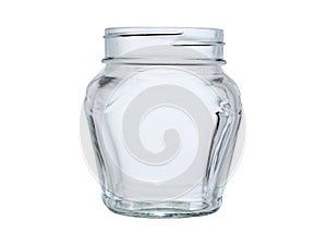 An empty open curved glass jar for jam and canned food. Isolated on a white background